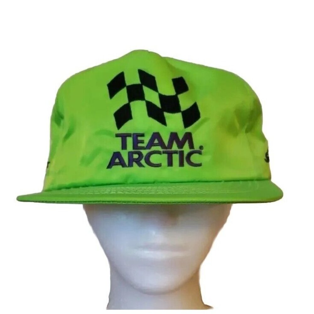 Vtg Arctic Cat 5 Panel Hat Snowmobile Racing Green Nylon Dad Cap Brow Flap USA